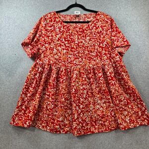 Emery Rose Womens 2XL Red Orange Abstract Floral Babydoll Peplum Blouse Top